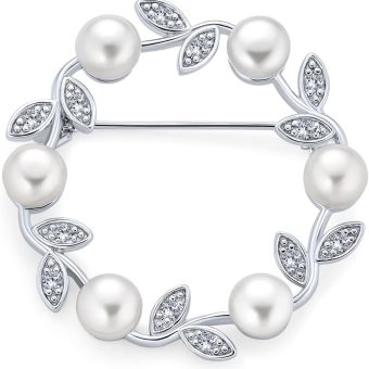 Bling Jewelry Christmas Elegant Bridal Holiday Marquise CZ Round Crystal White Simulated Pearl Wreath Circle Scarf Brooch Pin for Women Wedding Gold Silver Plated