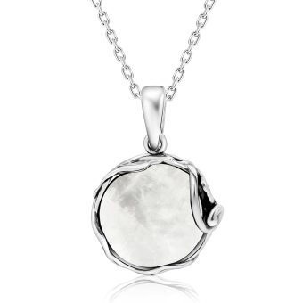 925 Sterling Silver Natural Moonstone Necklace - 14mm White Iridescent Round Gemstone Pendant, June Gemini Birthstone Birthday Present