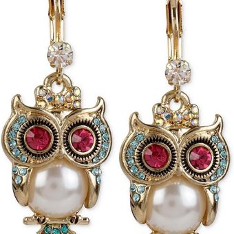 Betsey Johnson Pearl Critters Owl Drop Earrings