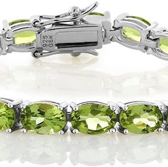 Gem Stone King Green Peridot Tennis Bracelet For Women in 925 Sterling Silver | 12.00 Cttw | Gemstone Birthstone | Oval 6X4MM | Length - 7 Inch