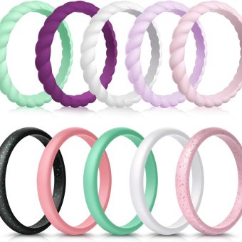 Forthee 10 Pack Silicone Wedding Ring for Women, Thin and Braided Rubber Band, Fashion, Colorful, Comfortable fit, Skin Safe