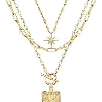 MJartoria Layered Initial Necklaces for Women Trendy, 14K Gold Plated Simple Star Choker Square Letter Pendant Necklace, Paperclip Chain Necklace, Gold Necklaces Jewelry Gifts