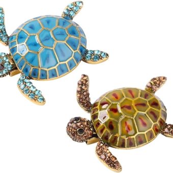 2Pcs Vintage Enamel Turtle Brooch Artificial Diamond Animal Pin Clothing Accessories