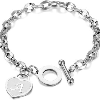 Initial Heart Charm Bracelets for Women 14K gold/Silver Tone Stainless Steel OT Clasp Heart A-Z Letter Name Bangle Bracelet Gifts