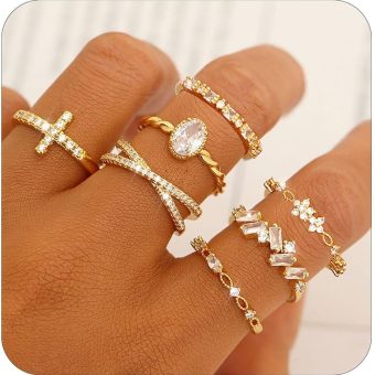 TOSMGY Gold Silver Rings For Women Non Tarnish Gold Plated Stackable Rings Wedding Engagement Bands Dainty 14K Gold Ring For Teen Girls Simple Trendy Cubic Zirconia Thumb Stacking Ring Pack Size 5-11