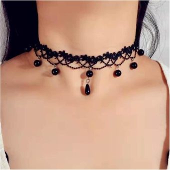 Goth Lace Necklace Black Crystal Dangle Necklace Waterdrop Rhinestone Necklace Choker Vintage Black Lace Necklace Jewelry for Woman and Girls Halloween Party Cosplay