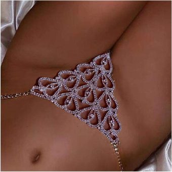 Women Sexy Rhinstone Underwear Thong Panties Tassel Heart Pendant Crystal Waist Chain Thong Bikini Festival G String Jewelry