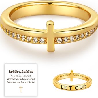 Cross Ring for Women, Cubic Zirconia Purity Ring for Christian, Engrave Let Go & Let God Dainty Trendy Religious Pray Ring