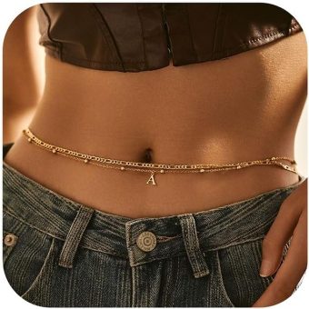 Turandoss Gold Belly Chains for Women - 2PCS 18K Gold Plated Letter Charm Waist Chains, Gold Body Chains Sexy Bikini Body Jewelry Waterproof Belly Chains Beach Jewelry for Women