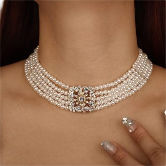 Missgrace Dainty 5 Tier Layered Pearl Rhinestones 1920s Short Choker Necklace for Women Chunky Necklaces Necklace Pearl Pendant Necklaces Pearl Chain Bridesmaid Jewelry Gifts for Women