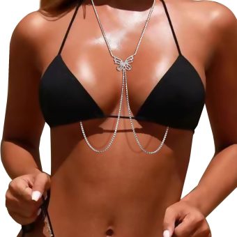 Rhinestone Butterfly Bra Body Chain Non Piercing Nipple Chain Necklace Crystal Chest Chain Sexy Lingerie Nipple Jewelry Rave Body Jewelry for Women (Silver)