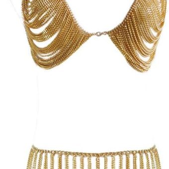 Womens Body Chain Suit Boho Rhinestone Bra Waist Belly Chain with Tassel Indian Dancing Skirt Dress for Party Halloween Costume Beach Bikini