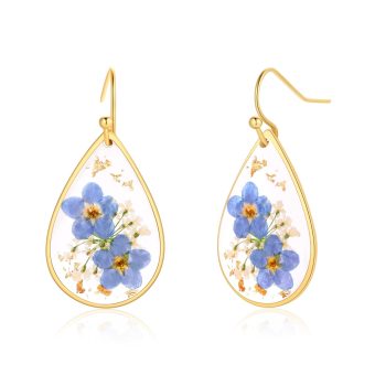 Forget-Me-Not and Queen Anne's Lace Pressed Wildflower Earrings | Drop Dangle Earring For Women Girls | Pressed Flower Teardrop Earrings Dry Flowers | Personalized Handmade Earrings | Gift for Woman