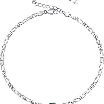 ChicSilver 925 Sterling Silver Heart/Round Birthstone Figaro Chain Anklet for women Simple Dainty Summer Beach Ankle Bracelet