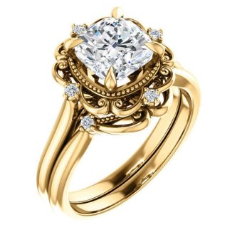 1CT-4CT Antique Halo Engagement Ring for Women Filigree Design Handmade Wedding Bridal Ring Set, Christmas Gifts for Her, 925 Silver/Solid Gold, Moissanite (Ring Set, 2 CT, Yellow, Cushion Cut)