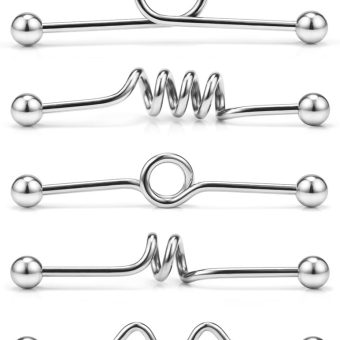 Ruifan 5PCS Industrial Barbell Earring Stainless Steel 14 Gauge Cartilage Earring Body Piercing 1 1/2 Inch(38mm)- Coil, Wave, Twister, Spiral,Heart