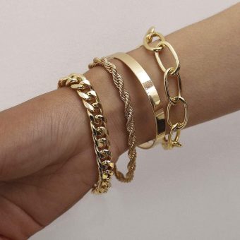 fxmimior Dainty Boho Gold Silver Chain Bracelets Set for Women Adjustable Fashion Beaded Chunky Flat Cable Chain Punk Bracelets Jewelry for Women Gift Set of 4