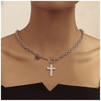 Boho White Cross Choker Necklace Faith Cross Pendant Necklace Toggle T Bar Chain Necklace Silver Disc Coin Drop Necklace Jewelry for Women and Girls