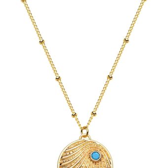 Fettero Gold Plated Women Necklace Coin Disc Pendant Turquoise CZ Necklace 14K Gold Plated Dainty Satellite Chain Simple Protection Jewelry for Women