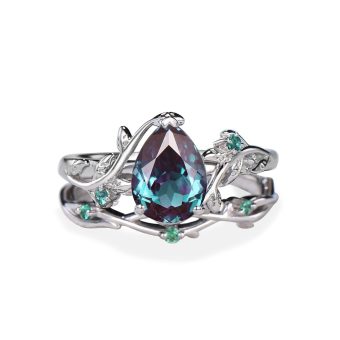 SHAMA JEWELS HUB Pear Alexandrite Engagement Ring Sets Vintage Unique Cluster 925 Sterling Silver Engagement Ring Roung Green Diamond Wedding Bridal Art Deco Anniversary Gift Ring