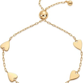 PAVOI 14K Gold Plated Dainty Station Heart Charm Bracelet for Women | Love Friendship Adjustable Link Chain Bracelet