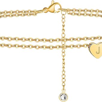 Ursteel Ankle Bracelets for Women, 14K Gold Plated Dainty Layered Heart Initial Anklets for Women Gifts