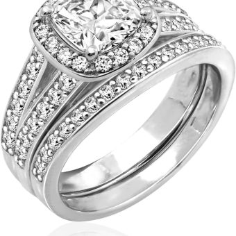 Amazon Essentials Sterling Silver Platinum Plated Infinite Elements Cubic Zirconia Cushion Halo Ring, (previously Amazon Collection)