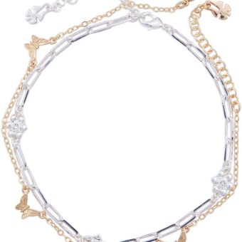 Lucky Brand Women's Flower And Butterfly Chain Anklet Set, Two Tone, Unsized