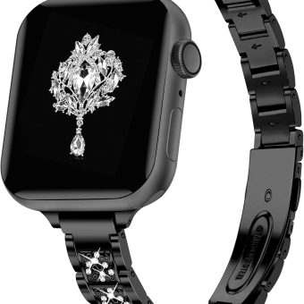 Bling Slim Watch Band Women Compatible with Apple Watch Band 38mm 40mm 41mm 42mm (S10) Metal Jewelry Sparkly Diamond Thin Replacement Strap for iWatch Series 10/9/8/7/6/5/4/3/2/1/SE Black