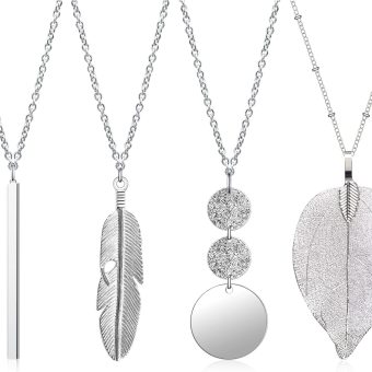 Long Necklaces for Women,4 PCS Fashion Pendant Necklace Jewelry Long Silver Necklaces Set Bar Feather Necklace Circle Leaf Lock Tassel Y Necklace Jewelry Set Statement Necklace for Women Trendy