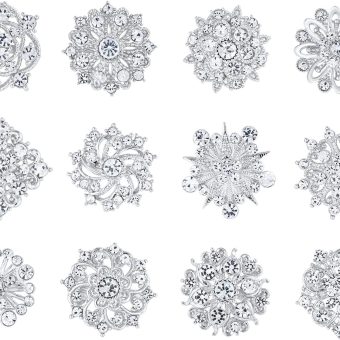 Assorted Small Size Crystal Rhinestone Flower Brooch Pins Set for Crafts Embellishment, Wedding Bouquet Brooches for Women Fashion