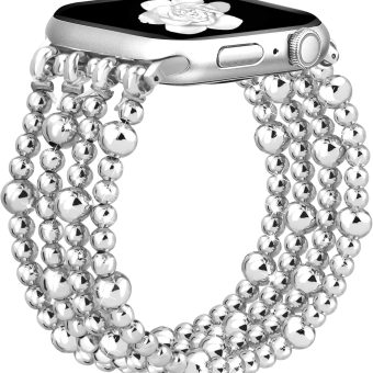 JR.DM Beaded Bracelet Compatible with Apple Watch Bands 45mm 44mm 41mm 42mm Women, Dressy Fancy Fashion Stretchy Elastic Jewelry Strap Replacement for iWatch Series 10/9/8/SE/7/6/5/4/3/2/1, Silver