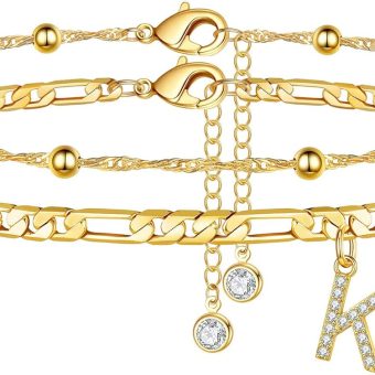 Ursteel Ankle Bracelets for Women, 14K Gold Plated Dainty Layered Chain CZ Initial Anklets Summer Jewelry Gifts for Women