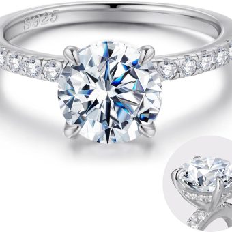 SMILEST 2ct Hidden Halo Engagement Rings for Women, 14K White Yellow Gold Plated Solid 925 Sterling Silver Cubic Zirconia Rings 4 Claw Side Stone Engagement Rings for Women Solitaire Engagement Rings