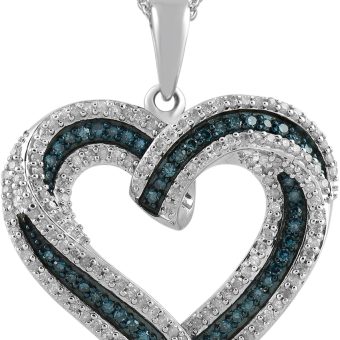 Amazon Essentials Sterling Silver Blue and White Diamond Heart Pendant Necklace (1/2 cttw), 18" (previously Amazon Collection)