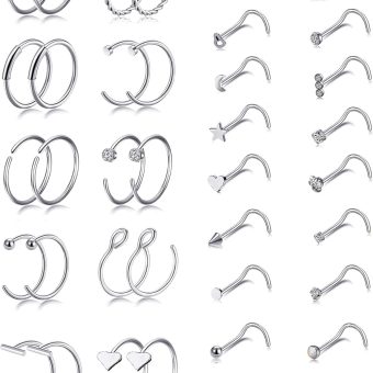 Tornito 20G 38Pcs Stainless Steel L Bone Screw Shaped Nose Studs Nose Rings CZ Hoop Tragus Cartilage Nose Ring Labret Nose Piercing Jewelry for Men Women Rose Gold Tone