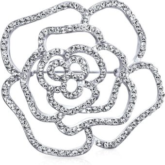 Bling Jewelry Large Fashion Statement Sparkling Party Rose Flower Shape Open Pave Crystal Wedding Brooch Scarf Pin for Women Silver Tone Rhodium Plated