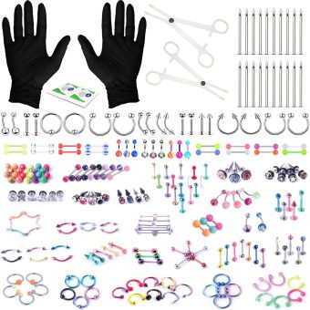 BodyJ4You 156PC Body Piercing Kit | Belly Ring Nose Septum Tragus Ear Cartilage Industrial | Horseshoe Ring Hoop Barbell Stud Spike | 14G 16G 18G 20G | RANDOM Mix Jewelry