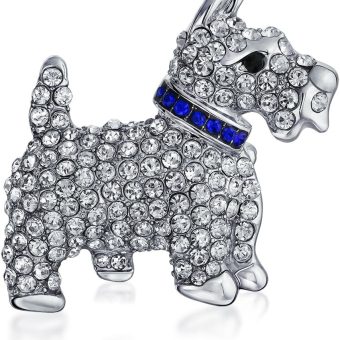 Bling Jewelry Large Statement Blue Or Pink Crystal Collar White Enamel Westie Scottie Terri Dog Pet Animal Scarf Brooch Pin for Women Teens Silver Tone Rhodium Plated 1.3 Inch