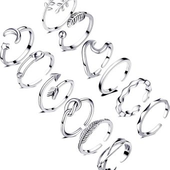 Honsny 12PCS Knuckle Rings for Women Adjustable Rings Arrow Knot Wave Cute Star Moon Band Open Rings Stackable Thumb Joint Finger Silver Rings Set for Teen Girls