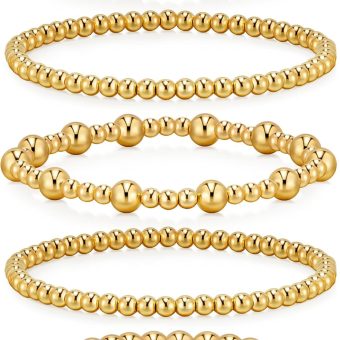 doubgood Gold Bracelets for Women Gold Beaded Bracelets for Women Gold Bracelet Stack 14K Gold Plated Stackable Stretch Bead Ball Bracelet Sets