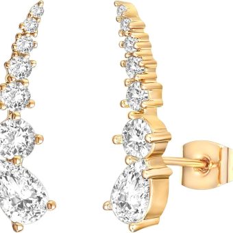 PAVOI 14K Gold Plated Cubic Zirconia Ear Crawler Earrings - Faux Diamond Arrow Ear Climber Fashion Earrings in Rose Gold, White Gold and Yellow Gold