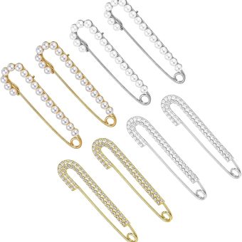 8pcs Women Brooch Safety Pins Sweater Shawl Clips for Clothing, Decorative Safety Pin Charms with Pearl Rhinestone Faux Crystal Pearl Brooch Pins for Skirts Dress Shirt Hat Scarf（Gold and Silver）