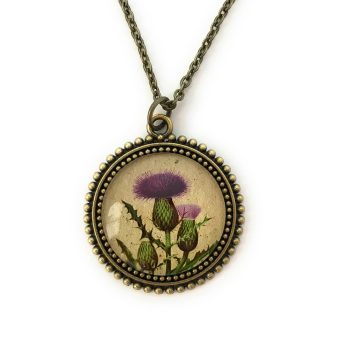 Scottish Thistle Necklace - Handmade Vintage Flower Print Pendant for Women