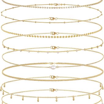 Tornito 8Pcs Waist Belly Chain 18K Gold Plated CZ Heart Pearl Snake Bead Sequin Paperclip Belly Chain Summer Beach Sexy Body Chains Jewelry Accessories for Women Adjustable