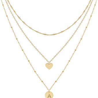 Aisansty Dainty Layered Initial Choker Necklaces Handmade 14K Gold Plated Tiny Heart Personalized Letter Disc Pendant Adjustable Chain Layering Gold Necklaces for Women Gift Jewelry