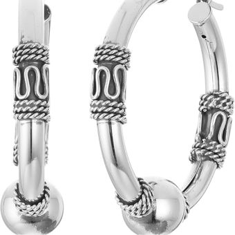 Amazon Essentials 925 Sterling Silver Balinese Beaded Hoop Earrings Hypoallergenic Lightweight Jewelry For Women, Medium Size 29mm Earring (previously Amazon Collection)