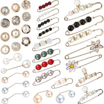 35PCS Pearl Brooch Pins, Safety Pins for Women No Sewing Pant Waist Tightener Cover Up Buttons Sweater Shawl Hat Clip Neckline Pins Double Faux Pearl Brooches Waist Pants Extender