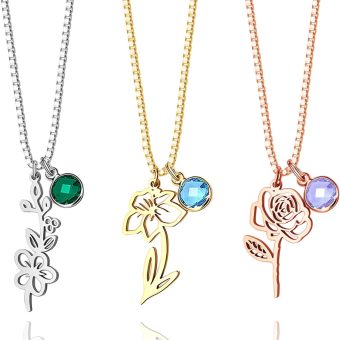 Custom Birth Flower Necklace with Birthstone – Personalized Floral Jewelry in Gold, Silver, and Rose Gold, Custom Gift for Birthdays & Special Occasions