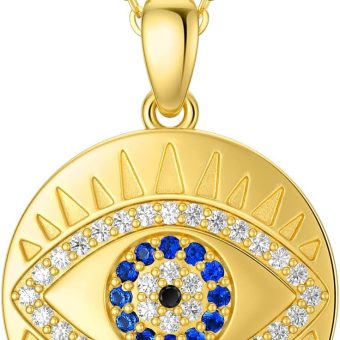 SISGEM Solid 14K Gold Evil Eye Pendant Necklace, Real Gold Coin Necklace Fine Jewelry Anniversary Birthday Gifts for Her, Wife, Mom, Girlfriend, 16''+2''